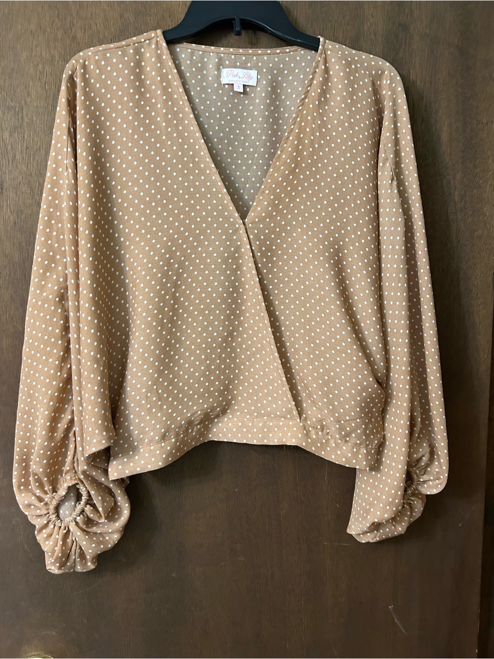 Pink Lily-BN/Never Worn but I took the tags. Beige Polka Dot Wrap Blouse Small